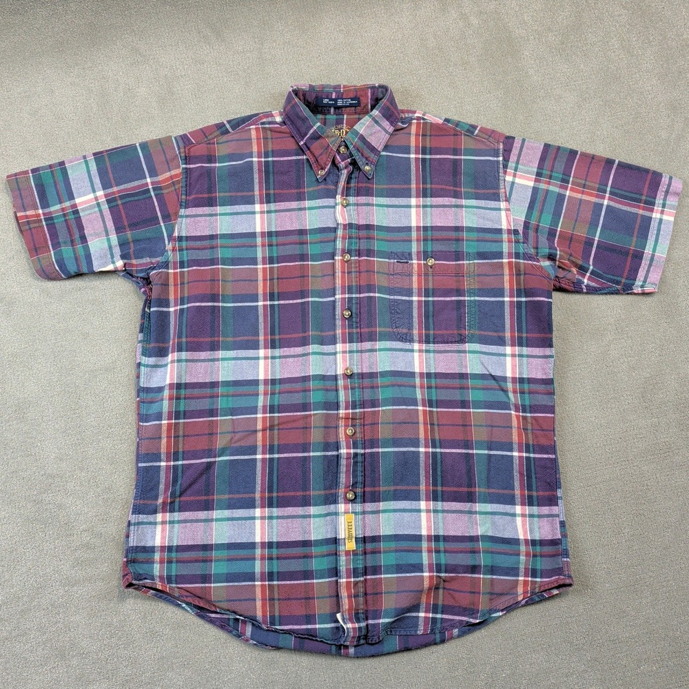 B.D. Baggies Shirt Size Large Mens Purple Green Plaid Cotton Short Sleeve Button